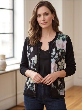 EUGEN KLEIN / Black Floral Cardigan with Pastel Blooms - Sz 10-NWT